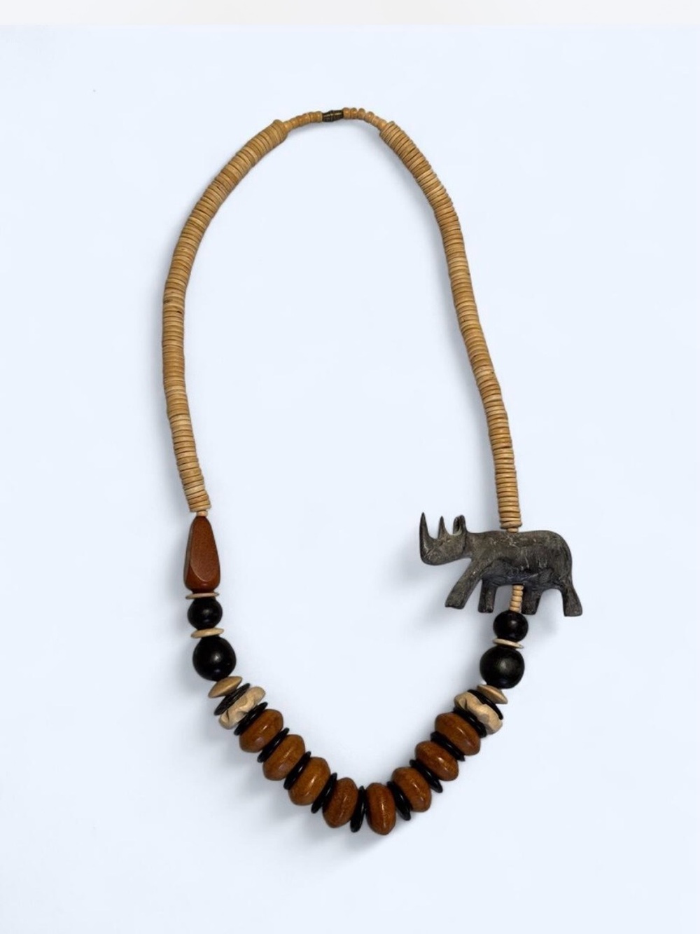 Handmade Rhino Pendant Bead Necklace in Tan, Brown & Black